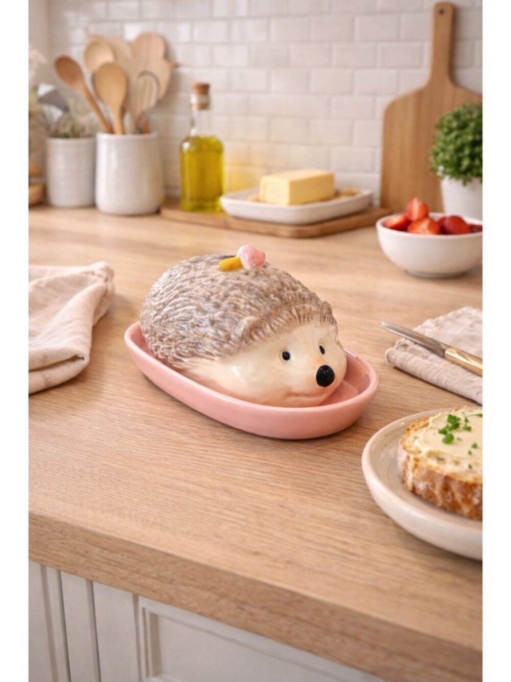 New Ceramic Funny Girl Hedgehog W/ Pink Mushroom Kitchen Butter Dish